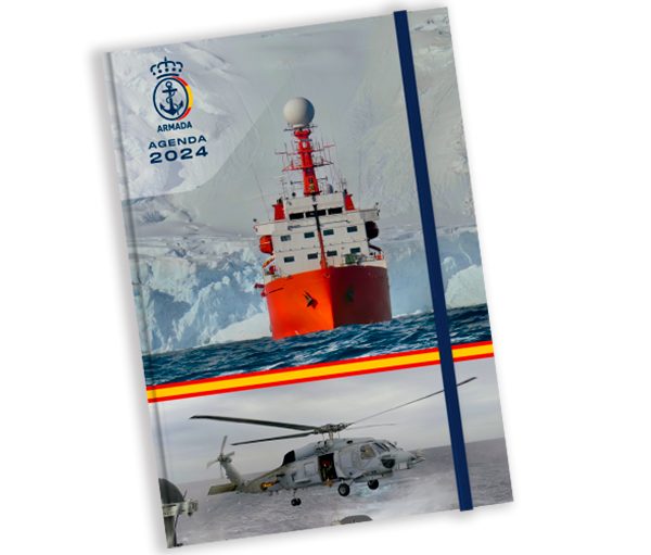 Agenda personalizada para la Armada Española cosida rustica y con goma de cierre.