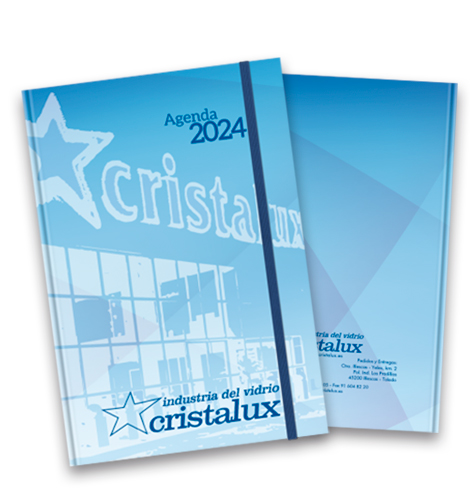 Agenda personalizada con cubierta impresa en balacrón y goma de cierre para Cristalux. Fabricantes de agendas anuales 2025