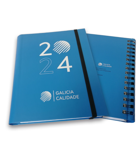 Agenda personalizada Galicia Calidade, fabricacion de agenda personalizada con wire-o semioculto y goma de cierre negra.