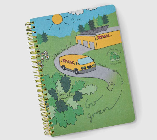 Cuaderno para DHL encuadernado en Wire-o y con cubiertas en tela impresa.