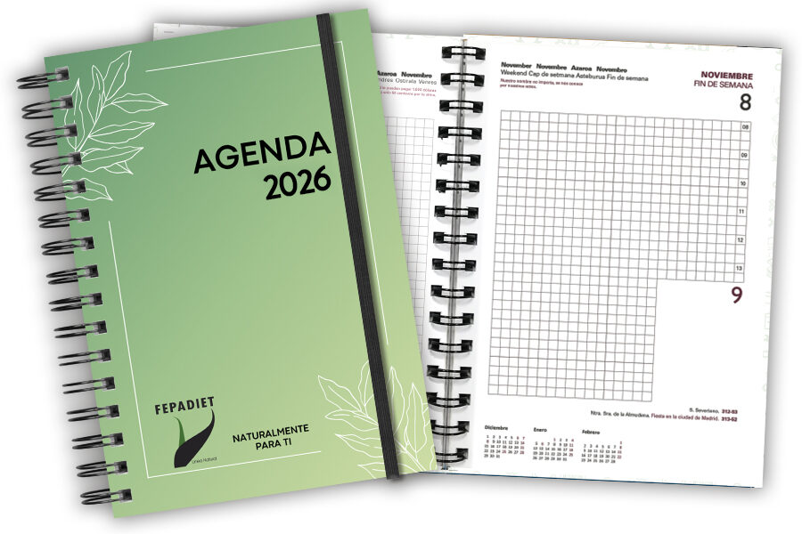 Agenda personalizada 2026 para FEPADIET. Modelo Sevilla Dia Página.