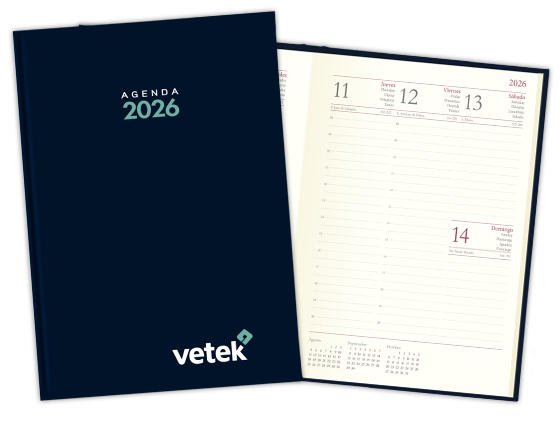 Agenda 2026 personalizada con cubierta al cromo para Ascensores Vetek. Formato 17x24 cm. en semana vista.