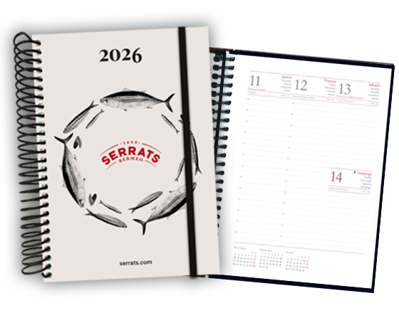 Agenda 2026 personalizada para conservas serrats. Formato 15x21 cm. en semana vista.