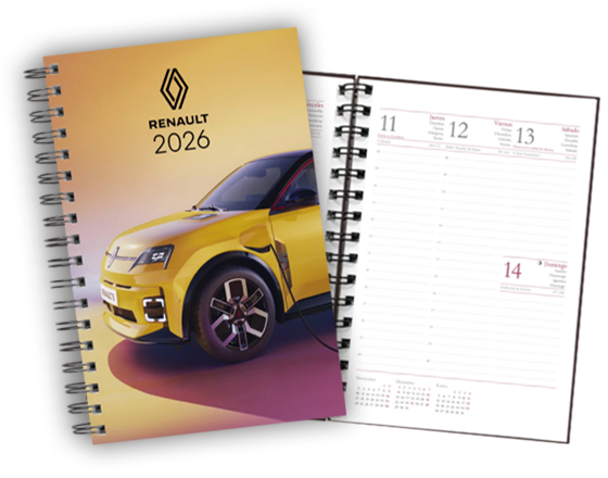 Agenda 2026 personalizada para el nuevo Renault 5. Modelo Ibiza semana vista en formato 15x21 cm.