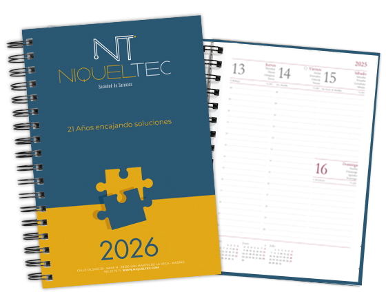 Agenda 2026 personalizada para niqueltec. Formato Sevilla Semana Vista. Encuadernación en wire-o