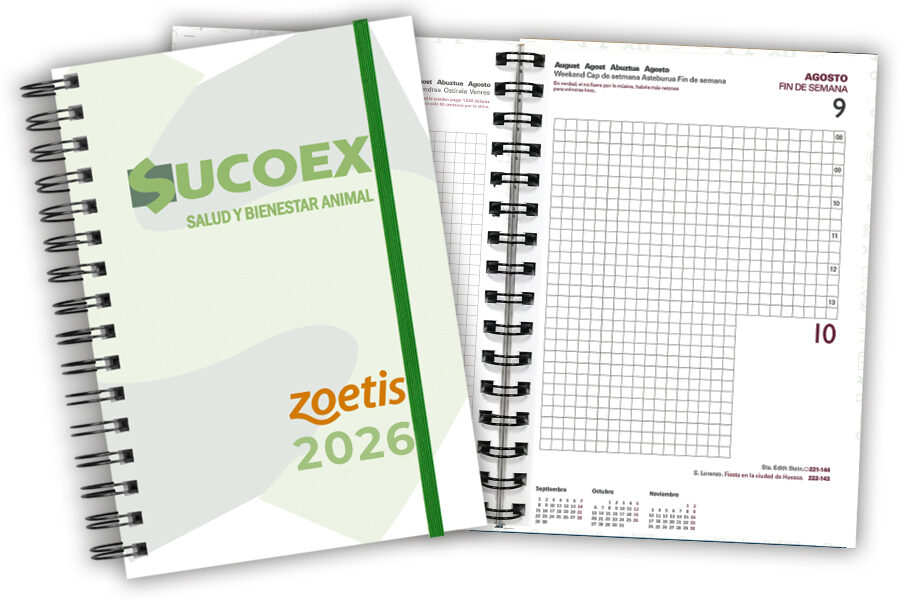 Agenda 2026 personalizada para SUCOEX modelo sevilla dia página. Encuadernada en wire-o y con goma de cierre.